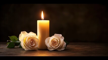 Fototapeta premium Lighting romantic and peaceful serene. A lit candle surrounded by elegant roses on a dark wooden surface.