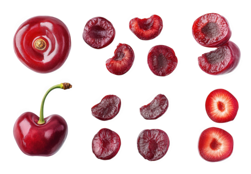 various views of cherries. including whole cherries. halved cherries. and pitted cherries. arranged in a grid format the purpose appears to be to highlight the different forms and textures of cherries