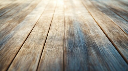 Woman Wearing Blue Headphones Enjoying a Sunny Day on a Textured Wooden Deck with Warm Sunlight and Clear Copyspace for Text