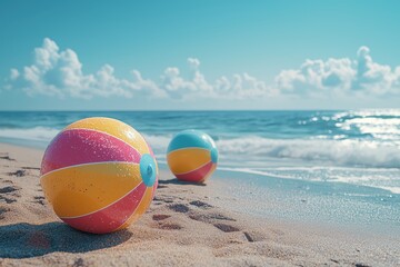 Obraz premium Playful beach balls rolling on sunny sandy shore coastal scene high fidelity atmosphere joyful summer vibe