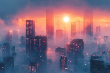 Fototapeta premium Twilight cityscape glowing skyscrapers in urban landscape futuristic atmosphere high fidelity view