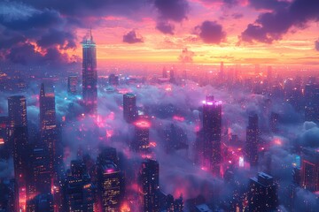 Fototapeta premium Twilight shimmers over a vibrant cityscape urban skyline digital art evening glow aerial view futuristic design