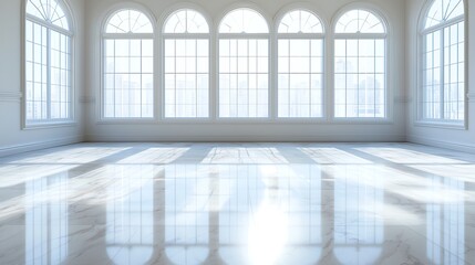 Spacious empty room with large arched windows and polished marble floor. Sunlight streaming in creates a bright, open atmosphere perfect for gallery or event space.