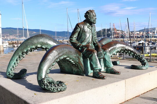 Monument to Jules Verne, a French novelist, poet and playwright, in the port of Vigo, Galicia, Spain
