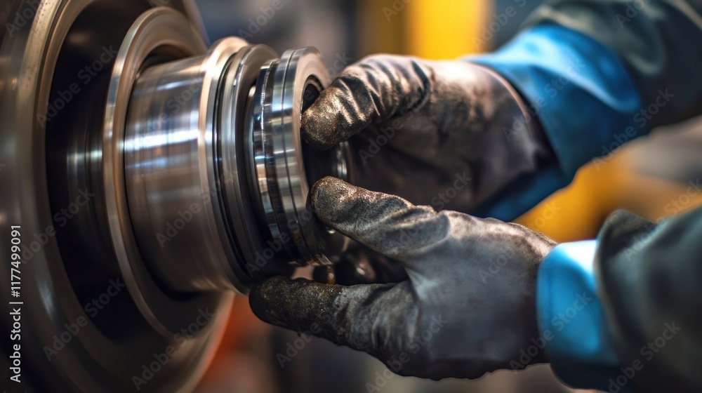 Aufkleber close up of gloved hands assembling a mechanical part in a factory setting, highlighting the precisi