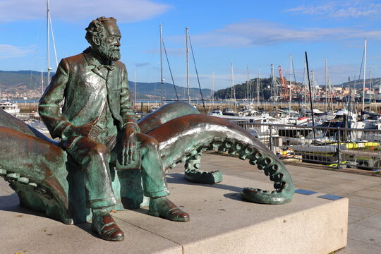 Monument to Jules Verne, a French novelist, poet and playwright, in the port of Vigo, Galicia, Spain