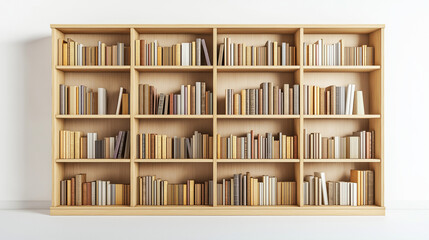 3D render of minimalist wooden bookshelves, perfect for adding an organic touch to your home decor with its clean lines and natural wood texture