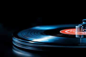 Close-up of a vintage vinyl record player under soft lighting, highlighting the grooves of the disc in a dark, ambient setting. Ideal for music enthusiasts and collectors.