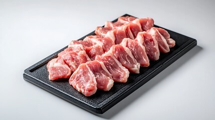 Fresh pork chops displayed on serving platter kitchen setting food photography culinary environment close-up view meat preparation