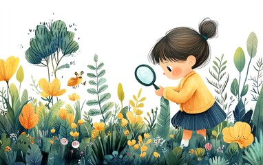 A charming illustration of a girl using a magnifying glass to study a plant, surrounded by nature and wildlife, ideal for educational books or resources about botany for children