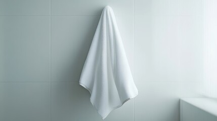 Fototapeta premium Minimalist White Towel Hanging in Modern Bathroom