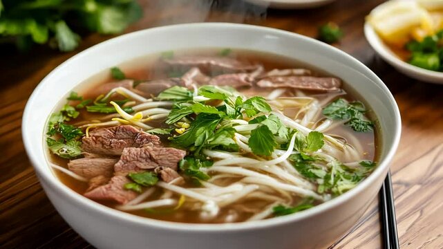 Delicious bowl of traditional Vietnamese pho with fresh herbs and tender beef served in a cozy setting