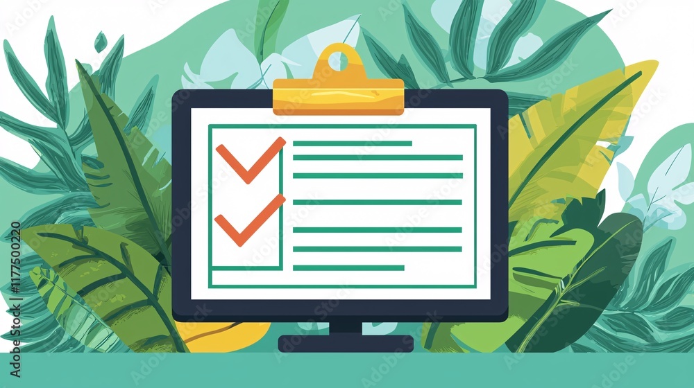 Poster Digital fundamentals checklist displayed on a large monitor Stock Photo with side copy space