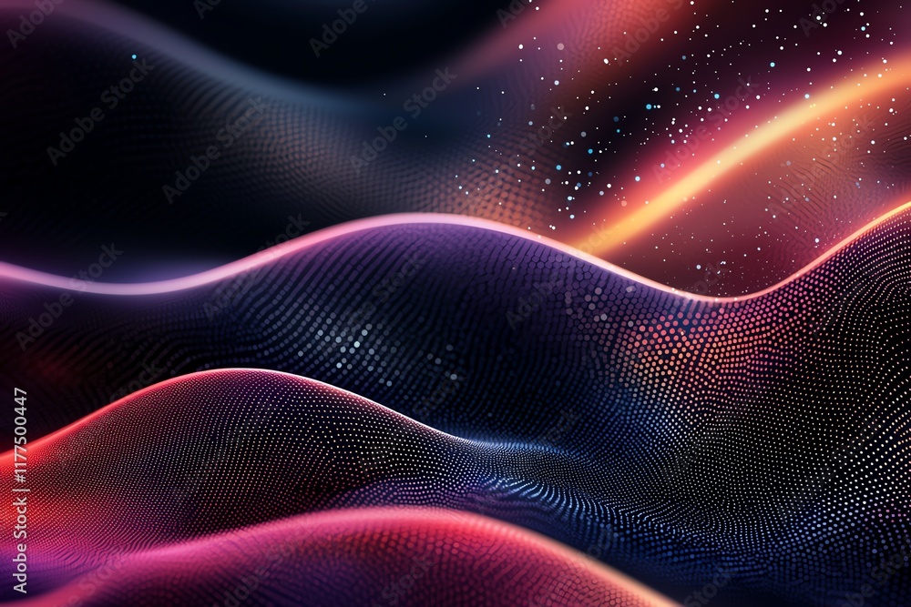Poster abstract digital waves with vibrant colors and dotted textures creating a dynamic, futuristic landsc