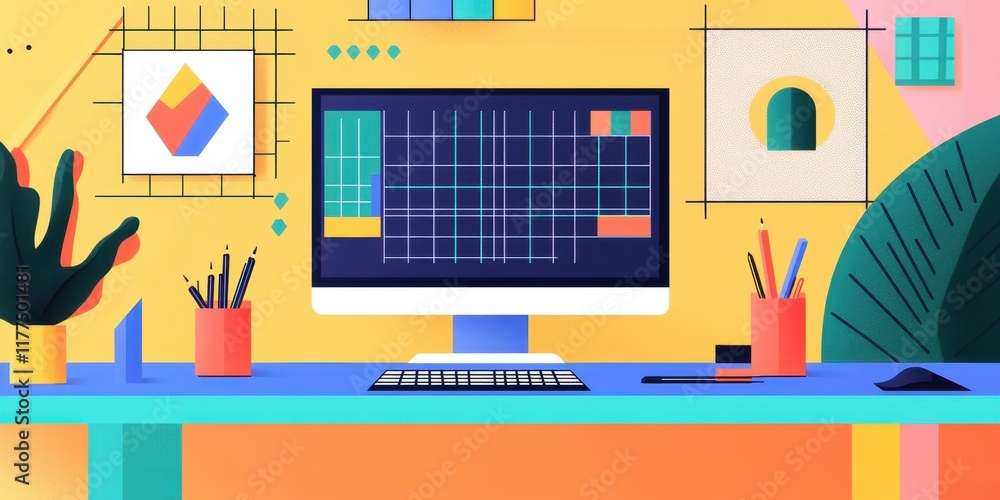 Poster colorful modern workspace with computer and design elements
