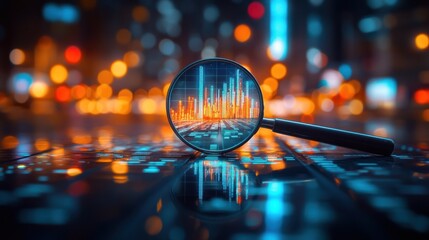 Magnifying glass focusing on financial data graph over blurred city lights.