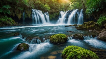 Lush green forest waterfall cascading over mossy rocks in a tranquil setting with sunlight filtering through the trees