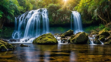 Sunlit Serenity, A Lush Waterfall Cascading Through Verdant Forest Rocks