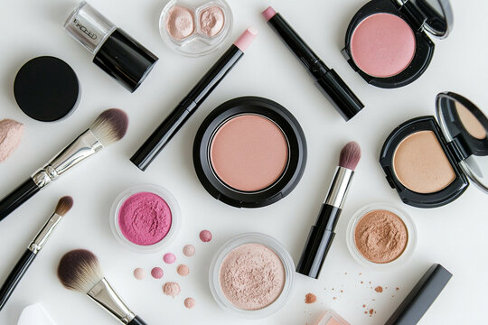 Flatlay of makeup products and brushes on a white background