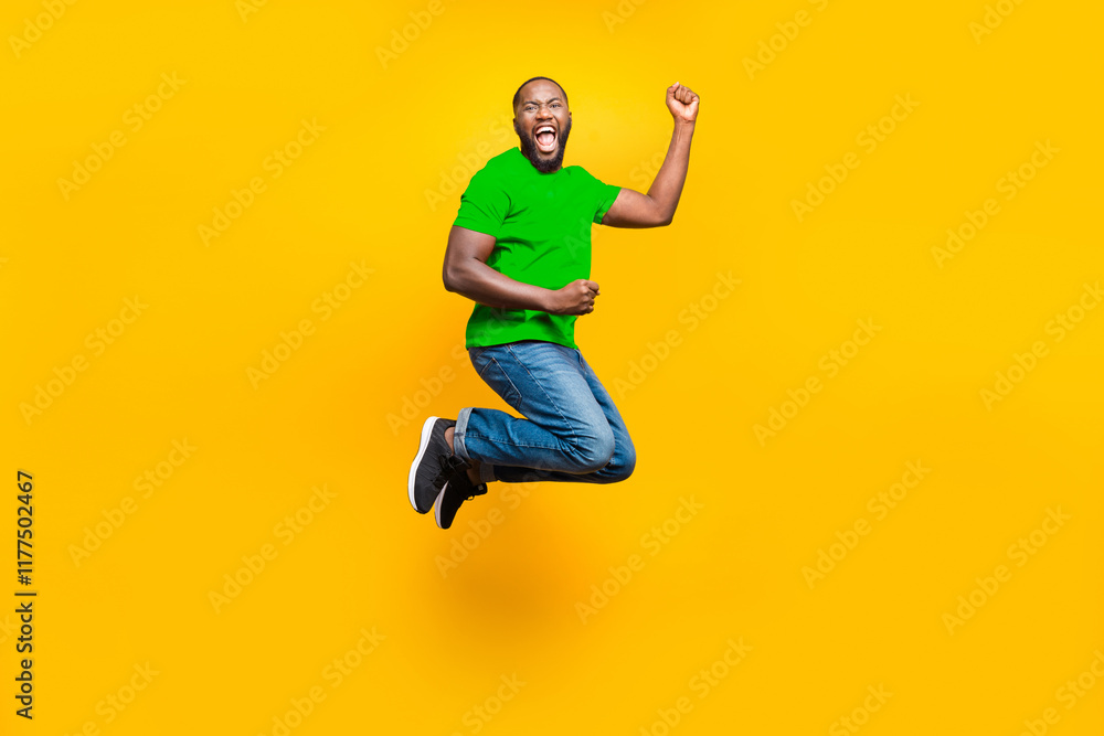 Poster full length body size photo of rejoicing overjoyed cheerful man who won some competitions at running
