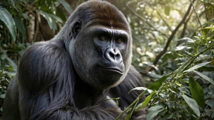 Fototapeta premium A powerful gorilla peers from the jungle depths with wisdom and gentle strength in his eyes