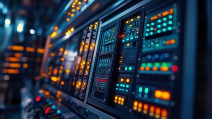 Naklejka premium Futuristic control panel featuring vibrant lights and buttons, monitoring systems within a datacenter, embodying advanced technology and efficient data management processes