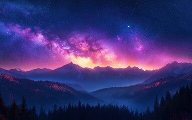 Milky Way over the beautiful cloudy mountain at night. Colorful landscape with bright starry sky with Milky Way arch, hills. Space view from earth, in nature.