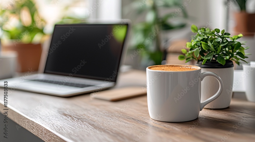 Aufkleber technology basics manual placed beside a coffee mug on a wooden table stock photo with side copy spa