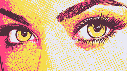 Female face with big eyes, yellow and pink dots in the background, screen printing