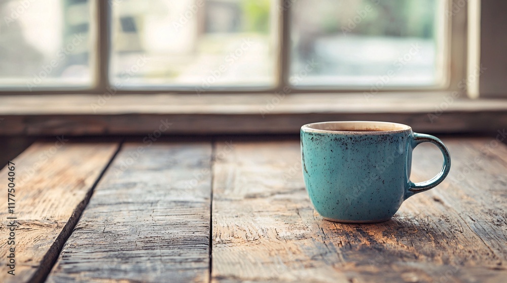 Poster technology basics manual placed beside a coffee mug on a wooden table stock photo with side copy spa
