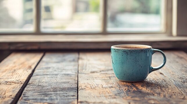 Technology basics manual placed beside a coffee mug on a wooden table Stock Photo with side copy space