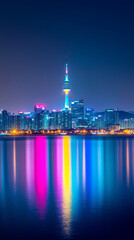 Vibrant city skyline at night with neon lights reflecting on water
