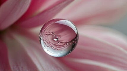 Reflecting Bloom, A Water Droplet,s Miniature World on Delicate Pink Petals