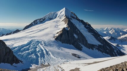 Majestic Peak Soaring Against a Clear Blue Sky with Glaciers and Snowfields