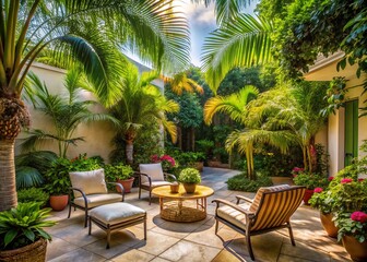 Fototapeta premium Lush Tropical Garden Patio: Palm Shade & Outdoor Decor
