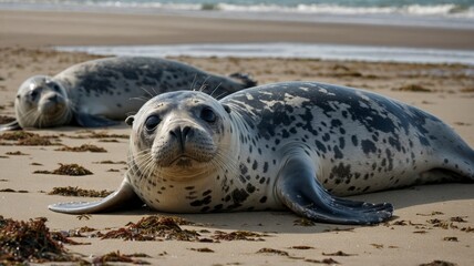Two Harbor Seals Relaxing on a Sandy Beach under a Bright Sky on the Atlantic Coast