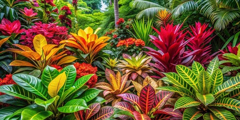 Obraz premium Lush Tropical Garden Plants, Exotic Flowers & Foliage, Vibrant Green Leaves, Summer Paradise, Botanical Background