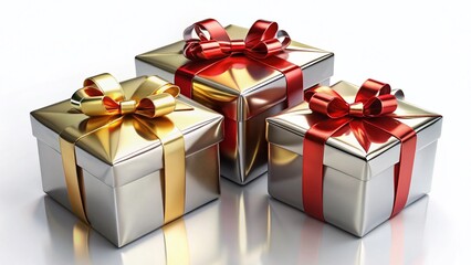 Obraz premium Luxurious 3D Metallic Gift Boxes with Red Ribbons - Isolated PNG for Festive Designs