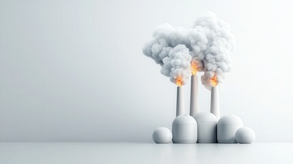 Three smokestacks emitting smoke against a minimalistic, white background