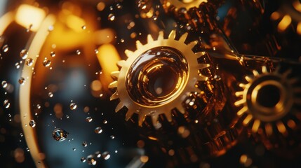 Golden gears are rotating smoothly, lubricated by oil drops, showcasing the intricate workings of a futuristic mechanism, symbolizing precision and advanced technology