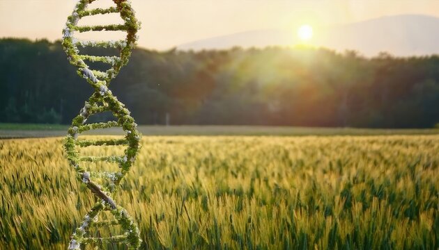 Lush Green DNA Helix Structure in Wheat Field at Sunrise Symbolizing Genetic Engineering, Biotechnology, and Sustainable Agriculture