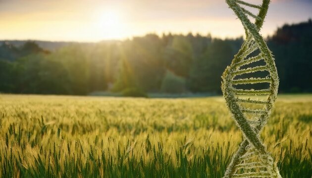 Lush Green DNA Helix Structure in Wheat Field at Sunrise Symbolizing Genetic Engineering, Biotechnology, and Sustainable Agriculture