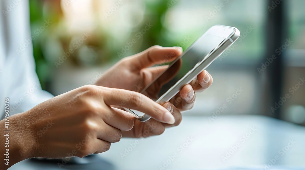 Poster smartphone usage demonstrated during a business meeting in a modern office stock photo with side cop