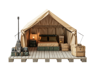 Minimalist Military Camp Setup with Tent and Wooden Pallet Base