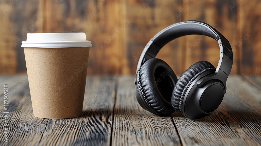 Aufkleber smartphone usage captured during a commute with headphones and a coffee cup stock photo with side co