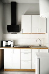 wood and white cabinets in modern kitchen interior