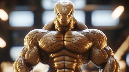 3D render of a muscular snake bodybuilder in a cinematic Unreal Engine style. Fusion of Strength, Power, and Artistic Visualization with Nature. Cartoon Bodybuilder Cobra Mascots anima illisturation