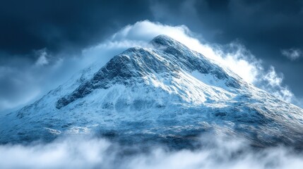 Majestic snow-capped mountain peak piercing through stormy clouds.
