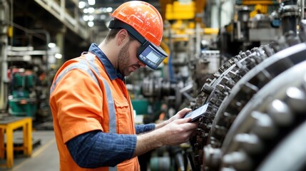 Industrial worker wearing augmented reality glasses and using a tablet is inspecting machinery in a modern factory, showcasing the integration of technology in manufacturing processes