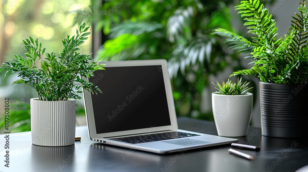 Poster Smartphone usage for social media scrolling in a minimalistic home office Stock Photo with side copy space